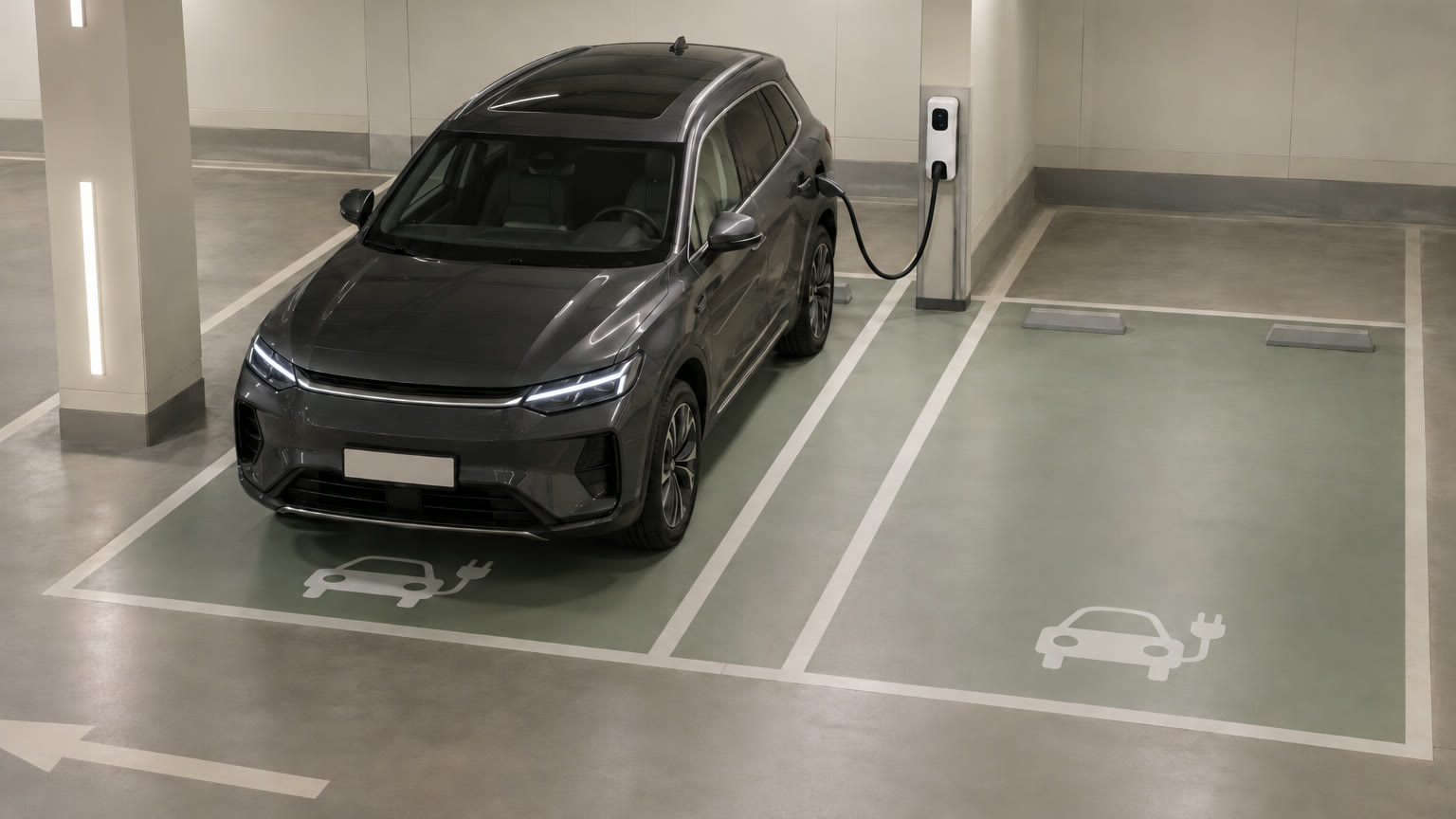 Illustrative electric SUV plugged in at a marked EV charging bay in an indoor car park