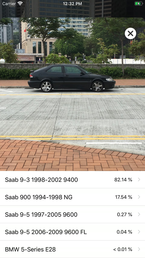 MudCar app screenshot showing the AI vehicle identification result