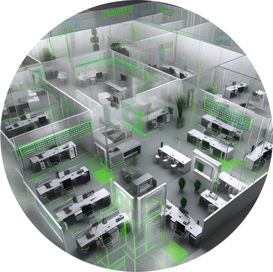 Illustrative 3D office floor plan with highlighted rooms and paths